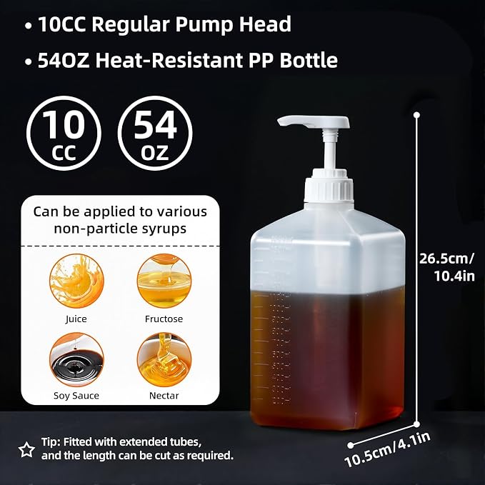 Large Capacity Syrup Dispenser for Coffee Bar, Pump Dispenser 54oz 1600ml PET Syrup Bottle w Measuring Cup and Funnel, Dispenser Bottle w Upgraded Pump