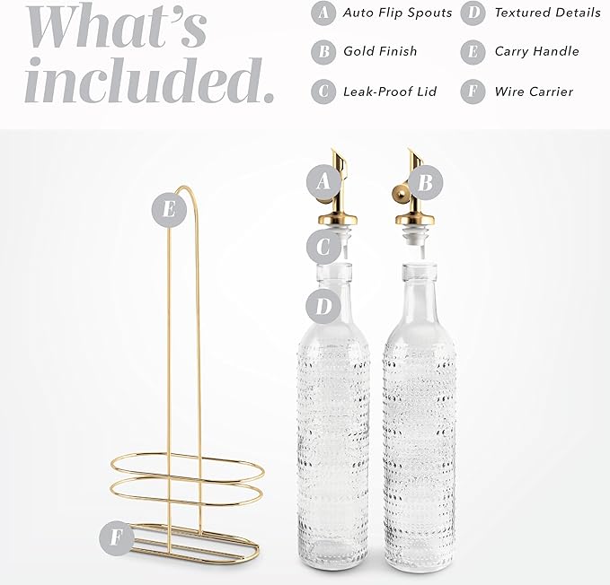 COOK WITH COLOR Glass Olive Oil Bottle Dispenser - 2 Pack- 17oz Oil and Vinegar Cruet - Olive Oil Carafe Decanter for Kitchen, Champagne Bubbles, Clear
