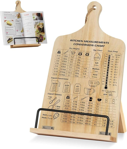Kitchen Conversion Chart Cookbook Stand, Wood Cook Book Holder, Recipe Cookbook Holder Stand with Kitchen Counters, Baking Mother Day Birthday Gifts for Women, Accessiores for Holding Cookbooks