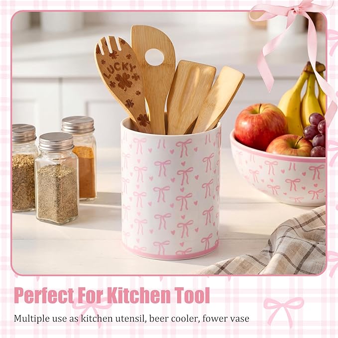 LemonRoad Pink Bow Ceramic Utensil Holder Coquette Kitchen Decor Cooking Utensil Crock Countertop Storage Organizer Spoon Container Holder Jar for Kitchen Party Gifts for Women 6.3 Inch