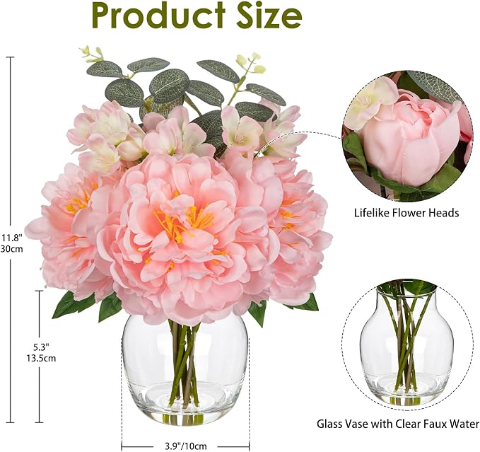 Hollyone Pink Peonies Artificial Flowers Peony Fake Flowers in Vase Silk Flower Arrangements with Glass Vase with Faux Water for Home Decor Bathroom Coffee Table Centerpiece Shelf Decorations