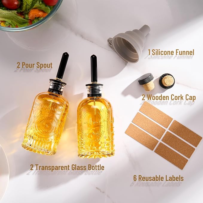 Baalaka Olive Oil Dispenser Bottle for Kitchen with Metal Spout, Glass Oil Bottles 7OZ, Elegant Glass Cooking Dispenser for Kitchen Juice Mouthwash Honey Syrup Coffee Syrup-2pcs