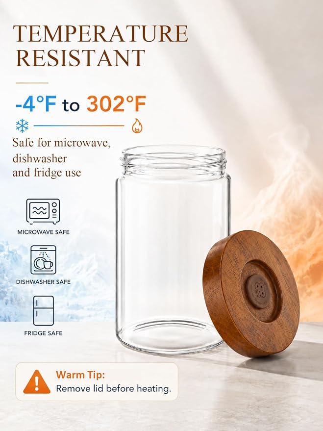 Coffee Canister, 14oz Airtight Coffee Bean Container with Wood Lid | True 14oz Capacity for Whole Beans, One-way Valve Glass Jar with Airtight Wood Lid for Coffee, Tea, Sugar, Spices, and Snacks