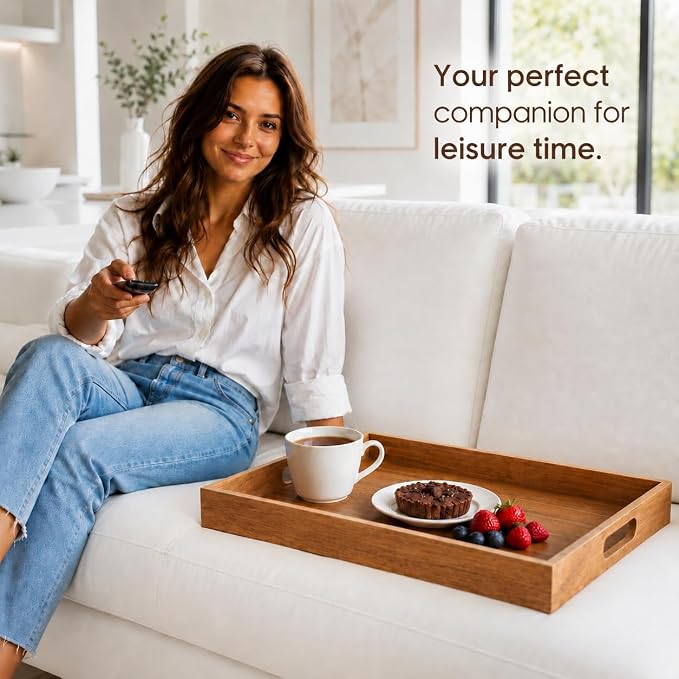 Acacia Wood Serving Tray Set of 2 with Handles for Food & Decor | Serve food & drinks, organize remotes and essentials, decorate coffee tables, ottomans, kitchen counters & living rooms.