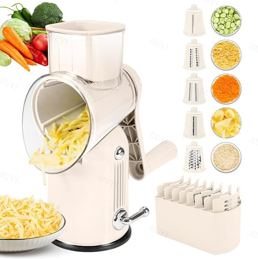 Rotary Cheese Grater with Handle Vegetable Shredder with 5 Interchangeable Blades, Kitchen Food Slicer and Chopper with Strong Suction Base for Fruit Vegetables Nuts with Blade Storage Box (White)