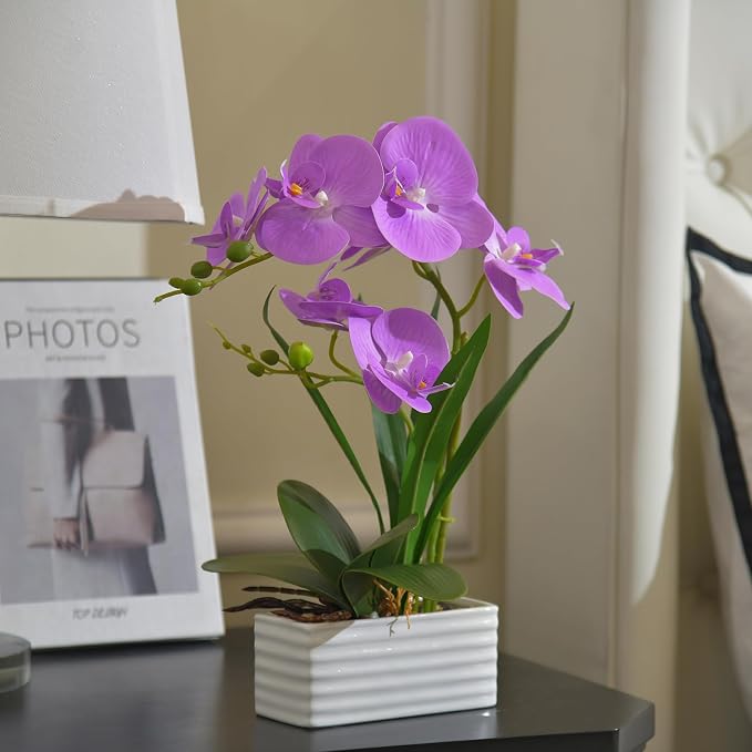 Artificial Real Touch Orchid Flowers in Pot Fake Phalaenopsis Flower with White Ceramic Vase Faux Orchids Arrangement for Home Table Office Wedding Party Decoration (Purple)