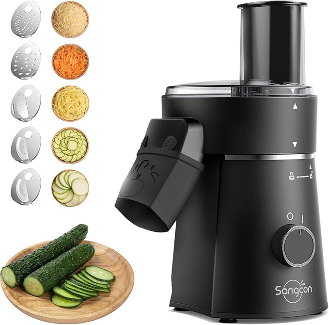 Sangcon Electric Cheese Grater for Block Cheese, 5-in-1 Automatic Salad Shooter & Vegetable Slicer with 5 Stainless Steel Blades, One-Touch Countertop Electric Grater for Cheese, Vegetables, Nuts