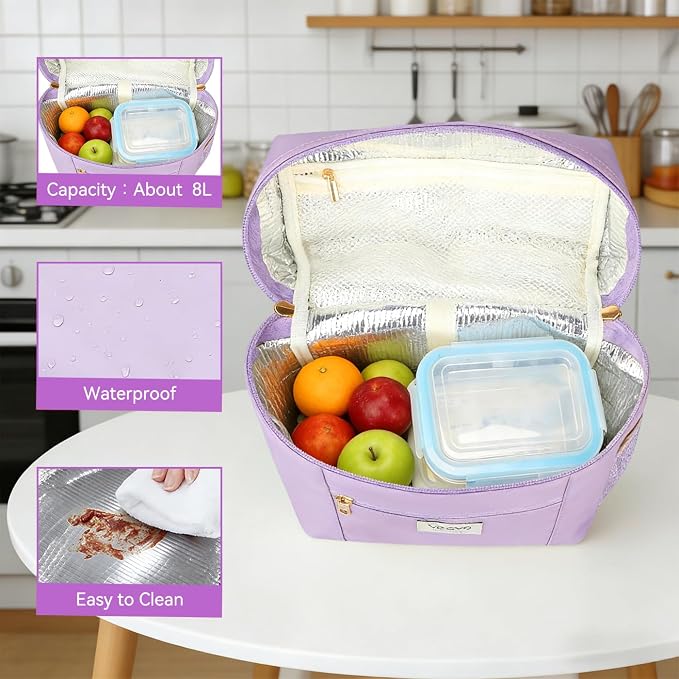 Voova Lunch Bag for Women, Insulated Lunch Box with Shoulder Strap, Adult Reusable Lightweight Nylon Waterproof Lunchbox Lunch bags for Work, Purple