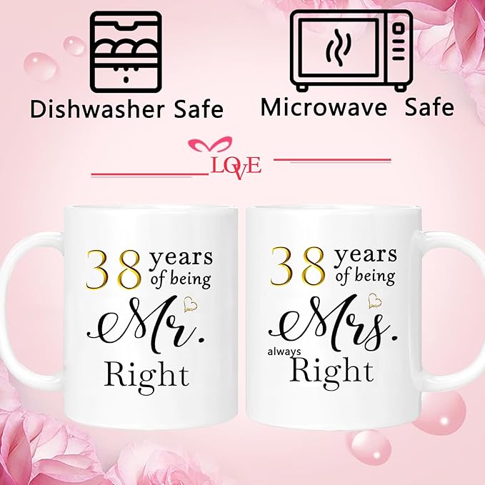 38th Anniversary Coffee Mugs Set of 2, 38 Year Anniversary Wedding Gifts Decorations for Couple Parents Grandparents Men Women Husband Wife Him Her, Gift Box Packaging, 11oz