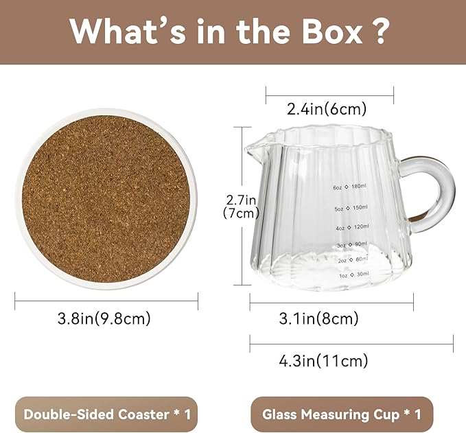 Glass Measuring Cup 6OZ, Espresso Accessories, Expresso Shots Cup, Espresso Shot Glass with V-Shaped Mouth, Ribbed Milk Frothing Pitcher, coffee Espresso Cup (Glass Handle)