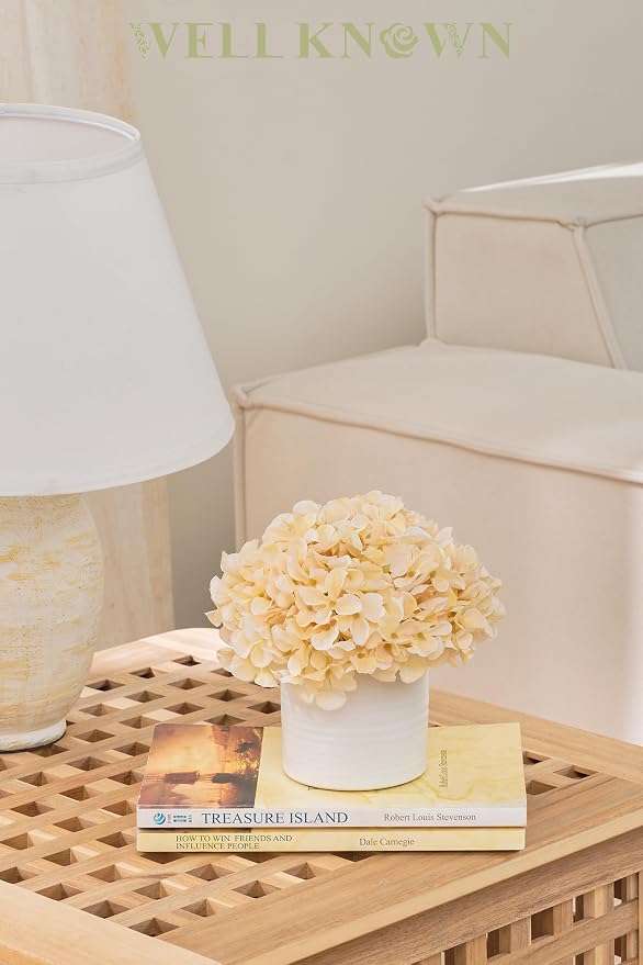 Fake Silk Hydrangea Flowers in Vase, Artificial Flowers with White Ceramic Vase, Small Potted Floral Arrangement for Home Kitchen Counter Vanity Coffee Table Centerpiece Bathroom Decor (Champagne)
