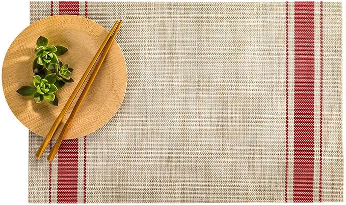 Restaurantware French Countryside 16 x 12 Inch Dining Table Placemats Set Of 6 Heat-Tolerant Kitchen Table Mats - Red Stripe No Stain Khaki Vinyl Woven Rectangle Placemats Easy To Clean