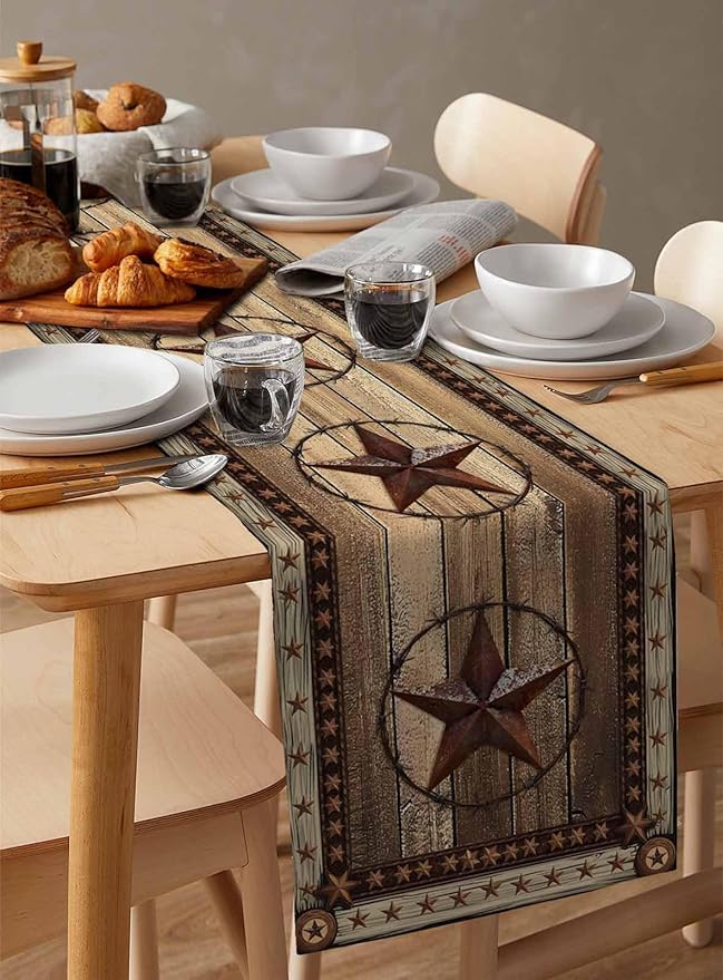 Western Farmhouse Table Runner 48 Inch Long Dresser Scarves Primitive Rustic Cotton Linen Tablerunners Country Retro Texas Star Dining Kitchen Burlap Table Setting Decor for Party Holiday, 13"x48"