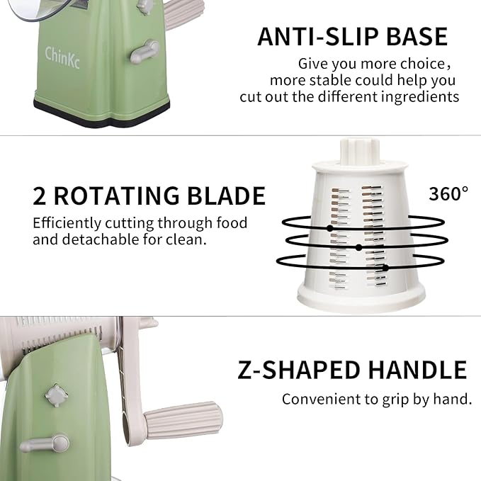Upgrade Rotary Cheese Grater Shredder with Handle, Strong Suction Base, Multi-purpose Rotary Grater Slicer with 5 Interchangeable Blades for Ice, Vegetables, Fruit, Nuts with Blade Storage Box