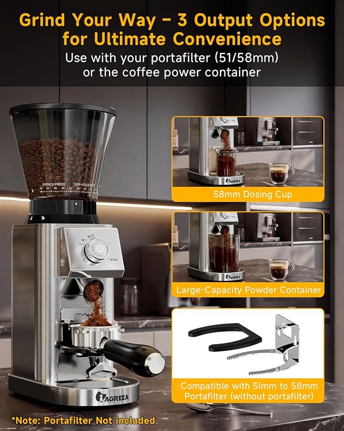IAGREEA Conical Burr Coffee Grinder, 48 Grind Settings, 450RPM Low-Speed Anti-Static, Precision Timer, Portafilter Holder for Espresso, Drip, French Press, Cold Brew, Stainless Steel