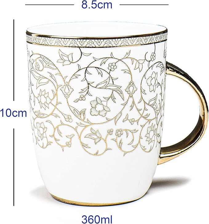 Femora Ceramic Coffee Mugs Indian Golden Disign Set of 2, 10 oz, Cappuccino Cups, Porcelain Tea Set, Latte Cups, Espresso Mugs