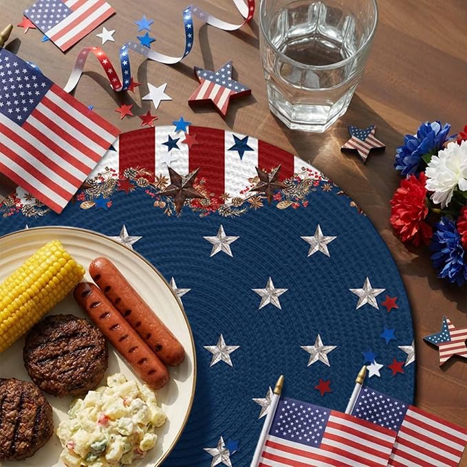 4th of July Round Placemats Set of 6 Rustic Star Stripes Place Mats Independence Day Woven Placemat Red White and Blue Circle Braided Table Mat for Kitchen Dining Table Holiday Party Decor 15 Inch
