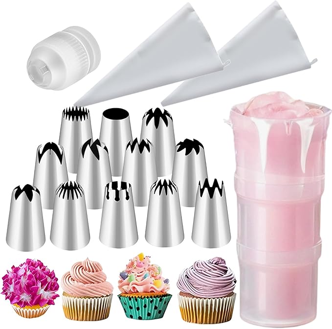 16 PCS Large Piping Tips Set, Stainless Steel frosting tips with Reusable cotton piping bag and auxiliary cup, Cake Decorating Tips Set for Cake Decorating, Cupcakes, Cookies, DlY pastries