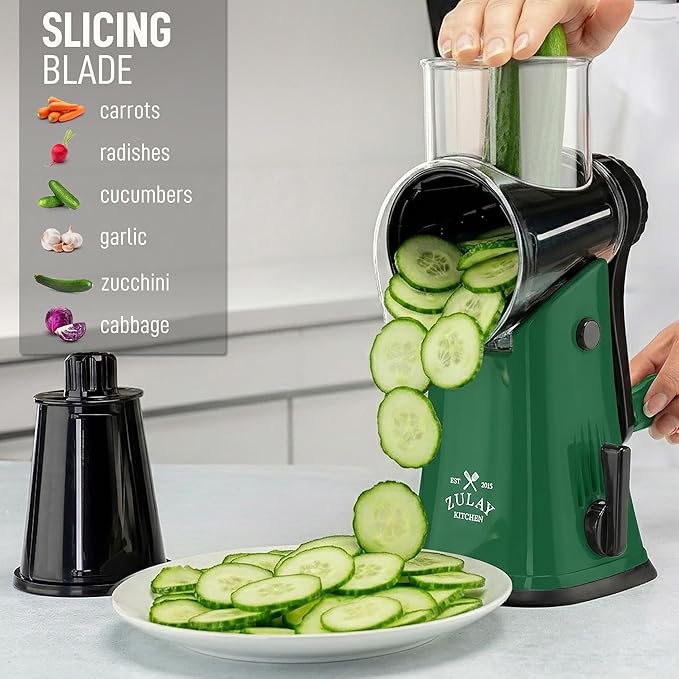 Zulay Kitchen Rotary Cheese Grater 5 Blade Cheese Shredder - Manual Hand Crank Cheese Grater With Reinforced Suction & 5 Interchangeable Drums - Easy to Use, Vegetable Chopper Round Mandoline Slicer