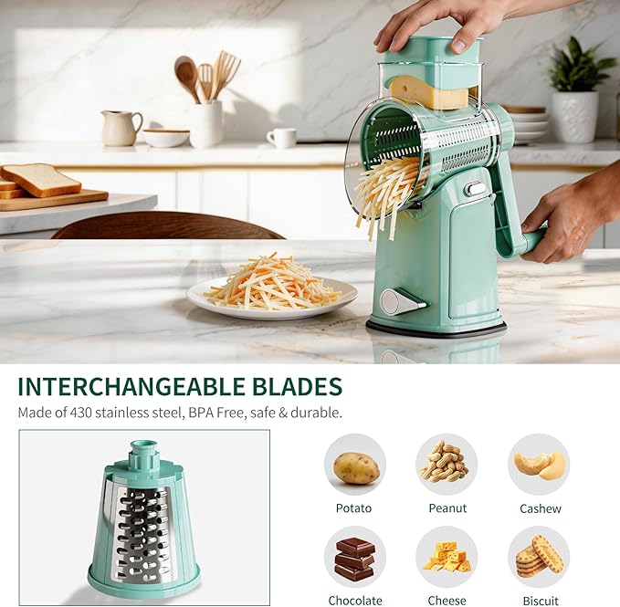 The CoveCarol rotary cheese grater comes with 5 blades and 3 tools: a round mandolin slicer and a food shredder. Suitable for fruits, vegetables, nuts, etc., it includes a blade storage box. (Green)