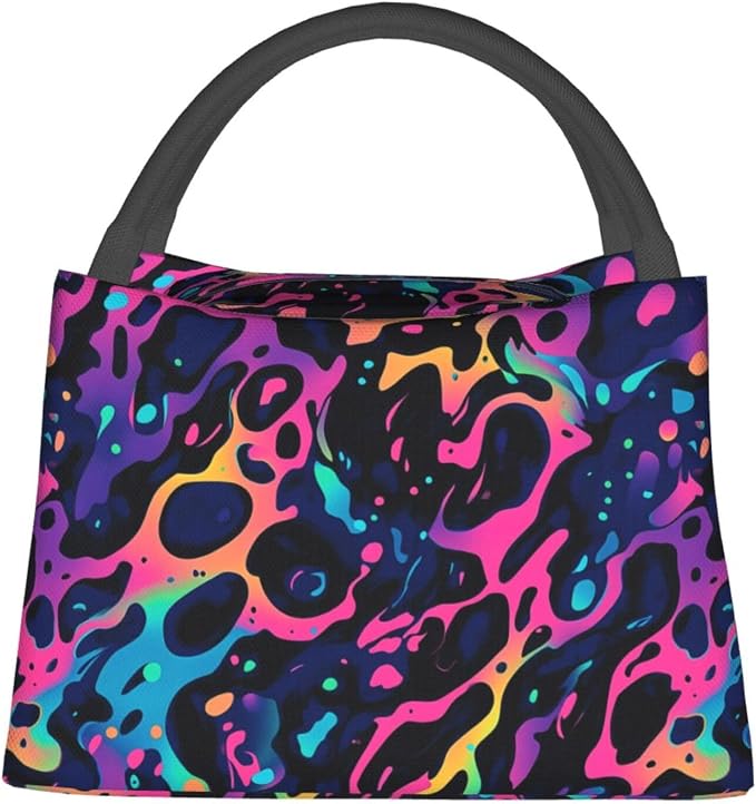 Neon Leopard Insulated Lunch Box for Kids Adults,Reusable Tote Bag with Colorful Abstract Art Pattern,Portable Lunchbox Handbag,Makeup Bags Organizer Gifts for Work Office Travel,11x6.3x6.7in