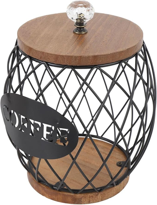 Large Capacity Coffee Capsule Organizer K Cup Storage Holder with Lid, Iron Wire Basket Wood Base for Kitchen Cafe Bar Coffee Bar Accessories BLACK