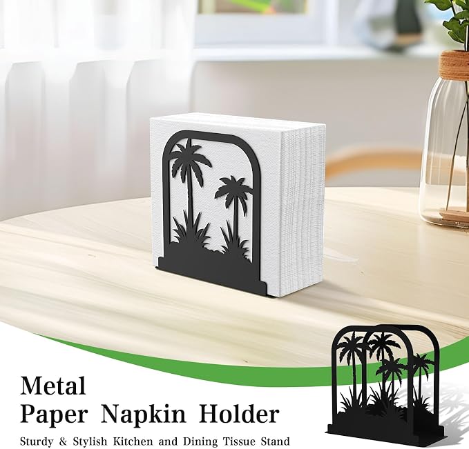 Stylish Napkin Holder,Black Metal Coconut Trees Design Napkin Holder for Table,Cushioned Base Paper Napkin Dispenser for Kitchen,Dining Room Table,Restaurant,Picnic