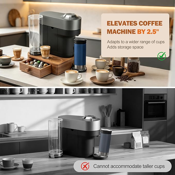 Riser Stand for Nespresso Vertuo Pop+, with Coffee Pod Drawers Organizer - Elevated Base Fits Tall Mugs (Up to 7.48" H), Coffee Station for YETI Rambler & Stanley 20oz Cups - For Pop+ ONLY (Not Pop) Brown