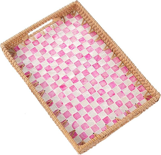 Rectangle Rattan Tray with Mother of Pearl Inlay, Rattan Serving Tray with Handle for Coffee, Bread, Fruits, Decorative Wicker Tray for Table Decor (Rectangle Pink Checkerboard, 13"×9")