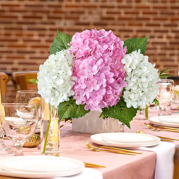 JINWOE Light Pink Hydrangea Artificial Flowers, 4Pcs 20" Real Touch Lifelike Latex Silk Faux Hydrangea Flowers, Artificial Hydrangeas Bouquet for Wedding Centerpieces Tables Party Home