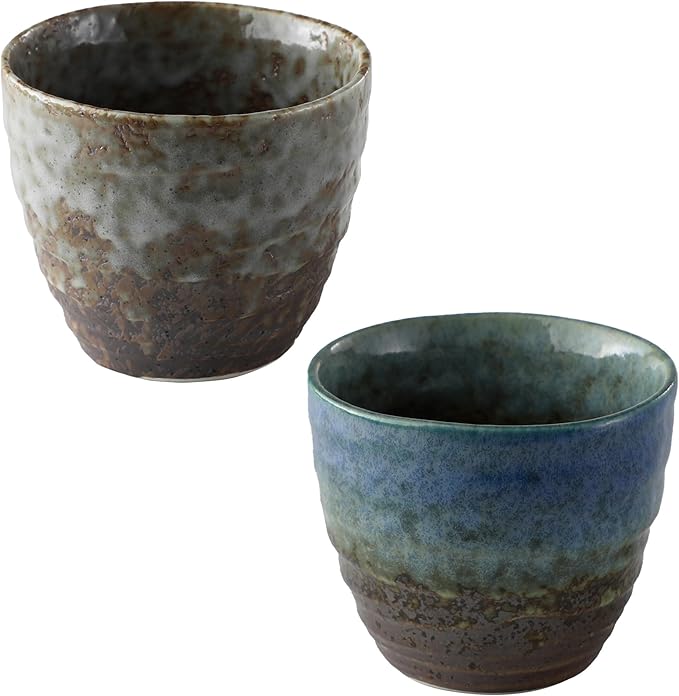 Asayu Japan Handpainted Glazed Ceramic Tea Cups Set of 2 6.7oz (200ml), Made in Japan MIno Ware Pottery Glass for Hot and Cold Drinks - 2PCS Mino Glaze Tea Cup Set