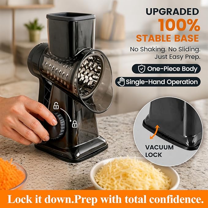 HANSGO Rotary Cheese Grater Hand Crank, Shredder Slicer Grinder, 3 Large Diameter Metal Blades & Cleaning Brush, Non-slip Suction Base, Labor-Saving Handle, Kitchen Gadgets for Cheese, Vegetable, Nuts