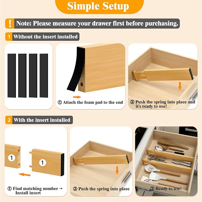 Bamboo Drawer Dividers,12-21" Adjustable Drawer Organizers for Clothes,Expandable Dresser Separators in Kitchen/Bedroom/Bathroom/Vanity/Office Organization and Storage,8-Pack