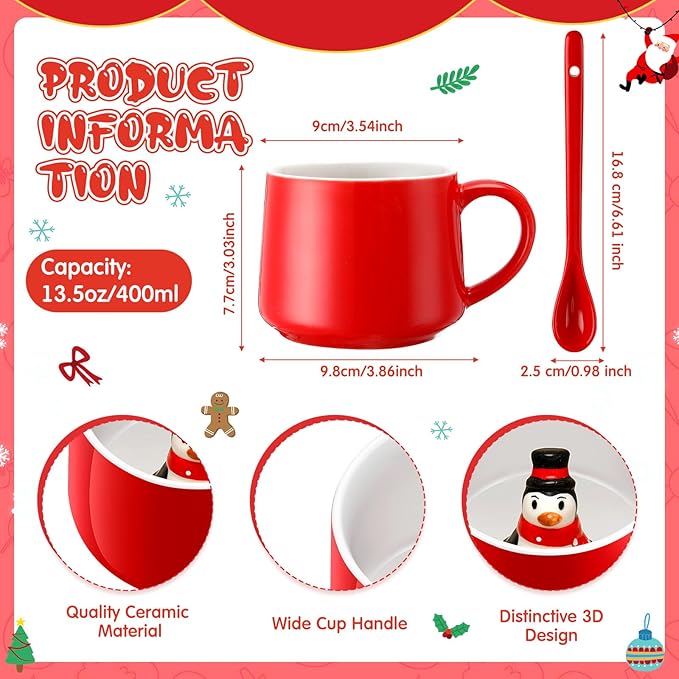 Uiifan 2 Sets 3D Christmas Coffee Mugs with Ceramic Spoon Penguin Snowman Cups 13.5 oz Cute Hot Cocoa Mug Animal Inside Mugs Cartoon Ceramic Cup Christmas Gifts for Women Men Birthday Party Supplies