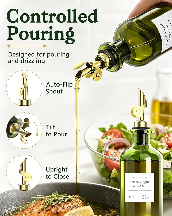 COOLMI Olive Oil Dispenser Set of 2, Dark Green Glass Bottles, 12 oz | Gold Auto-Flip Spouts, Funnel, 2 Cleaning Brushes, and 45 Labels for Olive Oil, Vinegar, and Avocado Oil