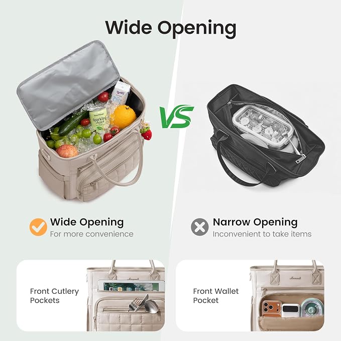 LOVEVOOK Insulated Lunch Bag Women,Puffer Adult Lunch Box for Women with Handmade Strawberry Charm,Wide Opening Leakproof Cooler Bag with Cup Holder for Work Picnic Beach Family College Mom Teacher