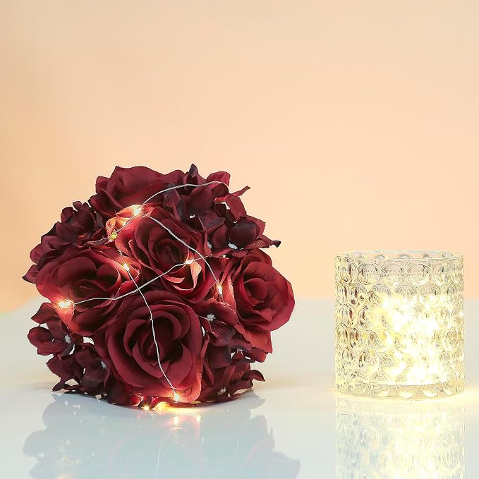 Rose Silk Flower Arrangement Artificial Vivid Rose in Glass Vase with LED Light Elegant Centerpiece for Home Wedding Bathroom Table Shelf Decoration (Dark Red)
