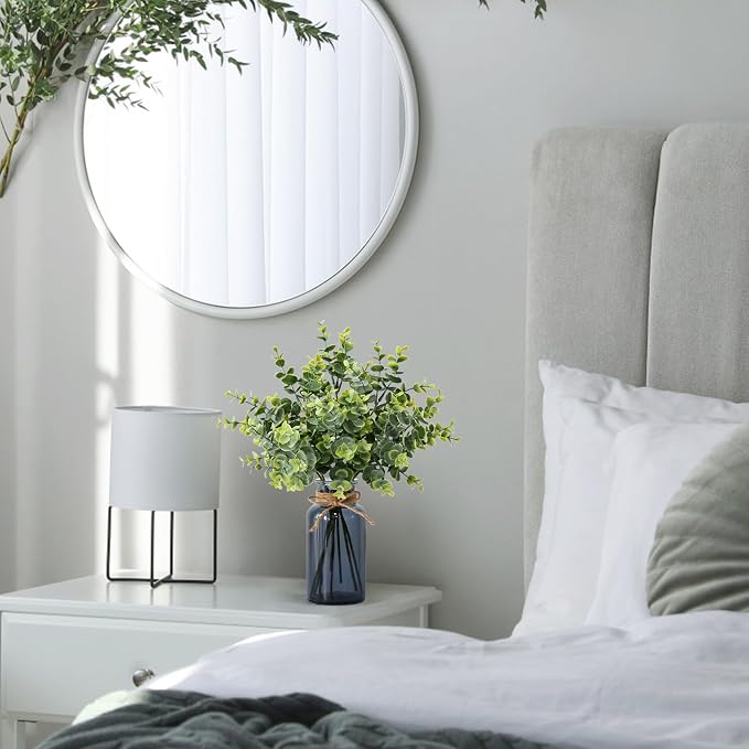 Leftover 8 PCS Faux Eucalyptus Stems in Black Glass Vase,Fake Plants Greenery Stems for Centerpiece Table Decorations,Fake Plants for Black Bathroom Decor(Sage Green)