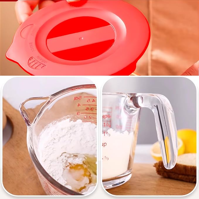 Glass Measuring Cups with Lids Set, Borosilicate Glass V-Shaped Spout Microwave Safe Scales Milk Cup for Cooking Baking (Red, 2CUP)
