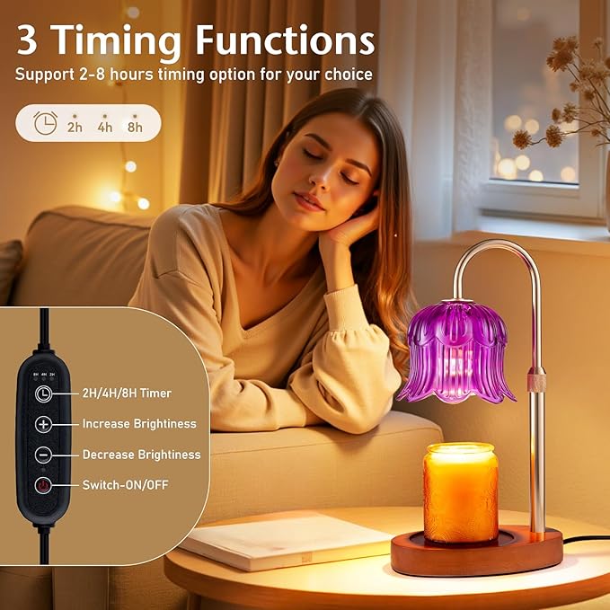 Warlisou Adjustable Candle Warmer Lamp with Timer - Purple Lampshade + Walnut Wooden Base