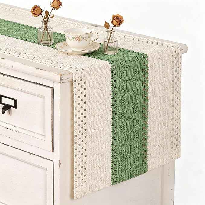 MLMC Sage Green Boho Table Runner Farmhouse Macrame Woven Table Runner 60 inch Long Rustic Cotton Linen Blend Table Decor for Dinning Kitchen Wedding Bridal Shower Eveyrday Use 12x60 Inch