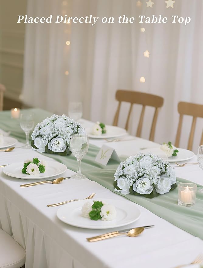 BLOSMON White Flower Balls for Centerpieces: 2 Pcs Rose Babys Breath Artificial Flowers Centerpiece for Home Table Decor - Faux Silk Kissing Floral Arrangements for Wedding Party Event Decoration