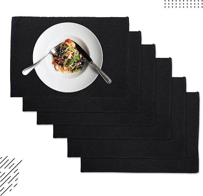 Encasa XO Dining Placemat Set of 6 | Solid Black Color | Fine Ribbed Cotton Table mat | Size 19x13 in | Machine Washable