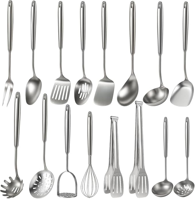 Newness 16 Pcs Cooking Utensils Set, 304 Stainless Steel Kitchen Utensils Set, Metal Kitchen Accessories, Include Soup Ladle, Slotted Skimmer Spoon, Spaghetti Spoon and Spatula, Dishwasher Safe