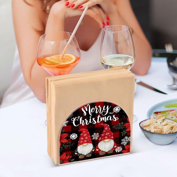 Napkin Holder Acrylic Napkin Holder for Table Kitchen Party Restaurant U Shaped Upright Napkin Dispenser Organizer Red and Black Checkered Christmas Gnomes
