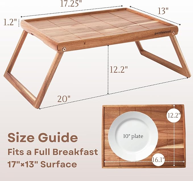 Bed Trays for Eating and Laptops - Acacia Wood Breakfast in Bed Tray with Folding Legs - Large Food Tray for Bed Lap Trays for Eating on Couch Adults - Foldable Wooden Breakfast Trays for Bed 17x13