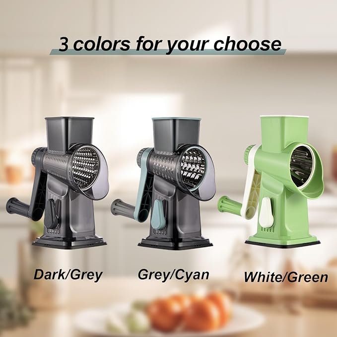 Rotary Cheese Grater Shredder Slicer - 3-in-1 Handheld Crank with Food Pusher for Hard Cheese, Vegetables, Chocolate - Ergonomic Hand Crank, Dishwasher Safe Dark Gray