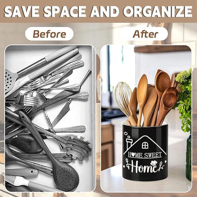 Black Kitchen Utensil Holder, Home Sweet Home Ceramic Utensil Holder , Cooking Utensil Crocks for Kitchen Countertop, Kitchen Decorations Rustic Farmhouse Decor