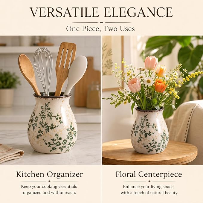 Utensil Holder, Vintage Ceramic Vase,Hand-Painted Flowers with Ice Crackle Glaze Finish, American Large Farmhouse Style Pitcher Vase for Charming Floral Arrangements and Home Decor(Beige)