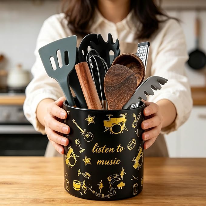 7" Music Utensil Holder, Large Kitchen Utensil Holder Organizer , Black Stable Utensil Crock Spatula Holder for Kitchen Counter Countertop Farmhouse Cooking Tools Holder（Black